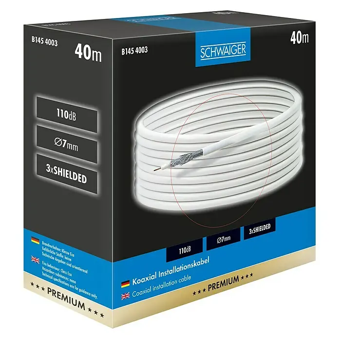 Schwaiger Koaksijalni kabel - 40 m, Bijele boje, 110 dB, Promjer: 7 mm - Pogled sprijeda