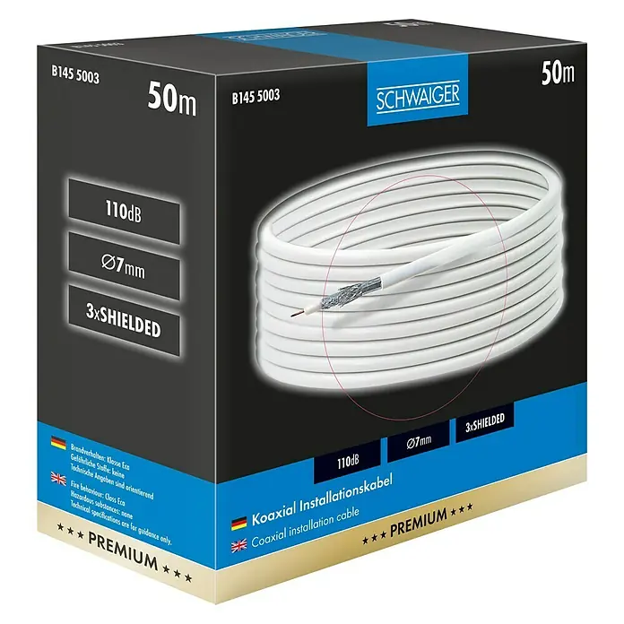 Schwaiger Koaksijalni kabel - 50 m, Bijele boje, 110 dB, Promjer: 7 mm - Pogled sprijeda