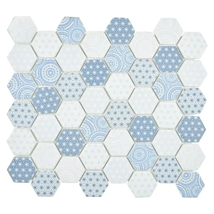 Mozaïektegel Hexagon Mix EMILY HX65 - 32,4 x 28 cm, Grijs/Wit, Mat - Top-down weergave