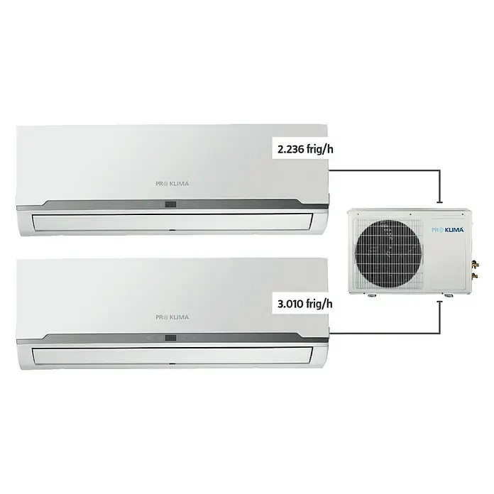 PR Klima Aire acondicionado Inverter 2x1 PRO-16 DH - Potencia frigorífica máx. por unidad en BTU/h: 11.936 BTU/h, Potencia calorífica máx. por equipo en BTU/h: 12.960 BTU/h, Específico para: Espacios hasta 20 m² y 25 m²