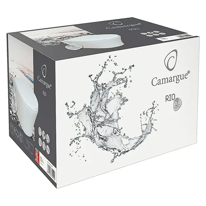 Camargue Rio Wand-WC - Spülrandlos, Ohne Spezialglasur, Spülform: Tief, WC Abgang: Waagerecht, Weiß
