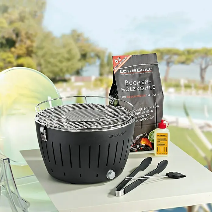 LotusGrill Raucharmer Holzkohlegrill - Schwarz, Hauptgrillfläche: Ø 34 cm