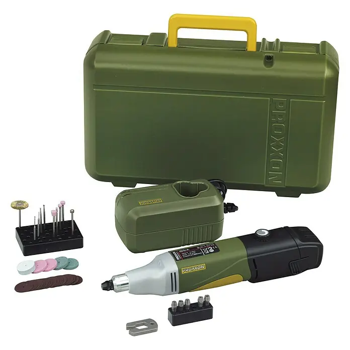 Proxxon Micromot Akku-Industrie-Bohrschleifer IBS/A - 10,8 V, Li-Ionen, 2,6 Ah, 1 Akku, Leerlaufdrehzahl: 7.000 U/min - 23.000 U/min - Diagonale Ansicht