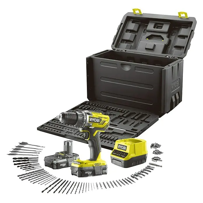 Ryobi ONE+ Accuschroefboormachineset R18DD3-213X - 18 V, Li-ion, 1,3 Ah, 2 accu's, Onbelast toerental: 0 tpm - 1.800 tpm - Diagonaal zicht