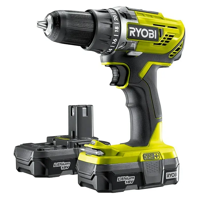 Ryobi ONE+ Accuschroefboormachineset R18DD3-213X - 18 V, Li-ion, 1,3 Ah, 2 accu's, Onbelast toerental: 0 tpm - 1.800 tpm - Diagonaal zicht