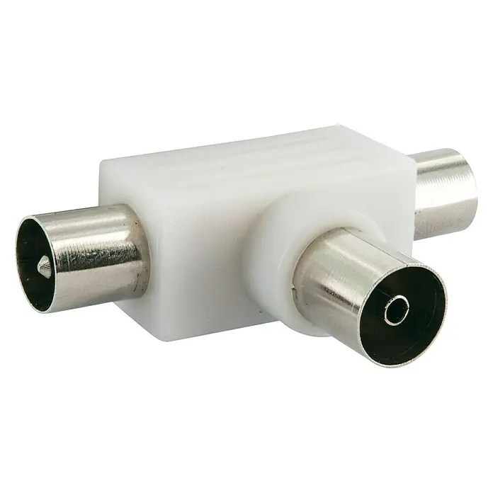 Schwaiger Aufsteckverteiler - 2-fach, 2 x Koax-Stecker, 1 x Koax-Buchse, 5 - 1.000 MHz, Geschirmt - Vorderansicht
