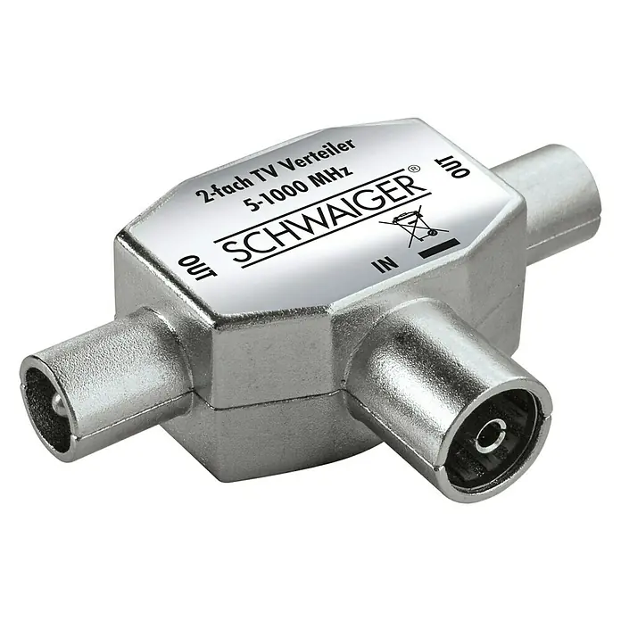 Schwaiger Aufsteckverteiler - 2-fach, 2 x Koax-Stecker, 1 x Koax-Buchse, 5 - 1.000 MHz, Vollgeschirmt - Vorderansicht