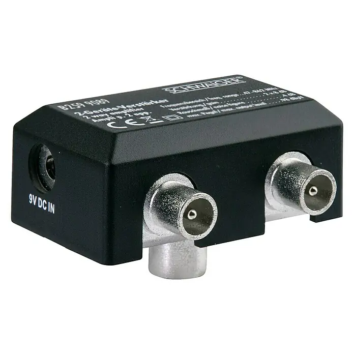 Schwaiger Zwei-Geräteverstärker - IEC-Stecker, IEC-Buchse, 47 - 862 MHz, 2 x 8 dB - Vorderansicht