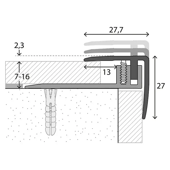 LOGOCLIC Treppenkantenprofil 229 - Edelstahl matt, 1 m x 27,7 mm x 27 mm, Montageart: Schrauben - Detailaufnahme