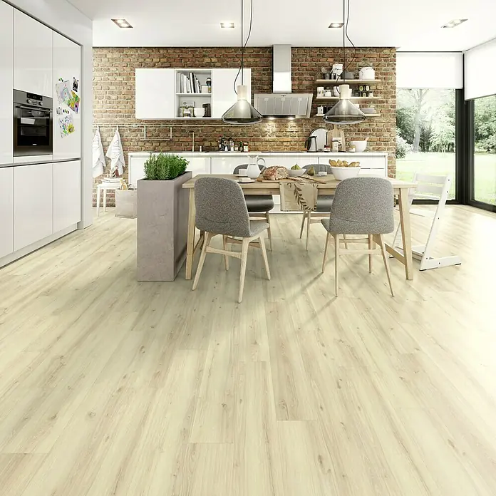 Egger Home Dizajnerske podne obloge GreenTec Eiche Dezent Weiß - 1.292 x 193 x 7,5 mm, Rustikalni pod - Živopisni prikaz