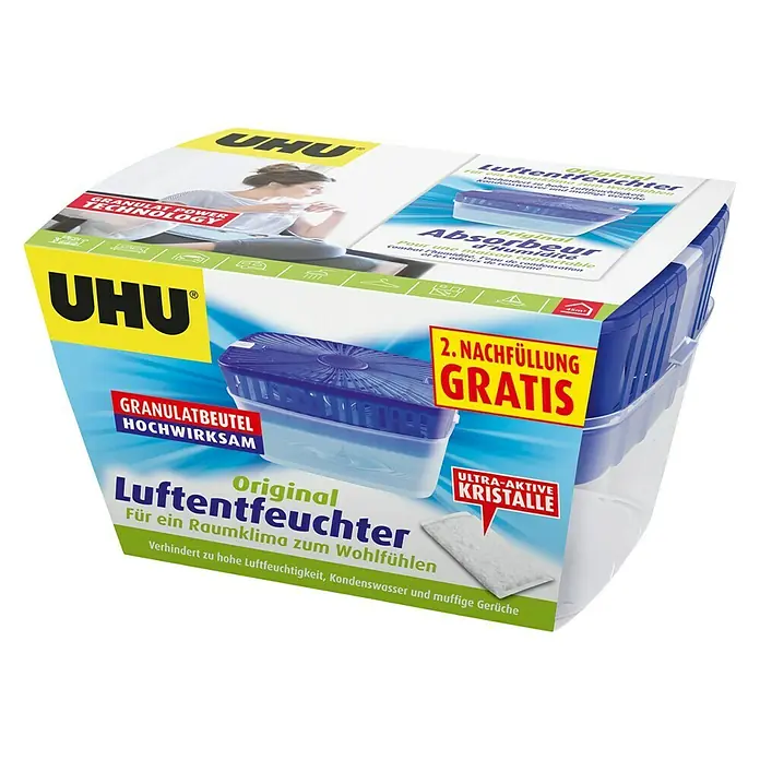 UHU Luftentfeuchter Originalpack +2. Nachfüllung gratis - 1 x Luftentfeuchter 1.000 g, 1 x Gratis-Nachfüllung 1.000 g - Diagonale Ansicht