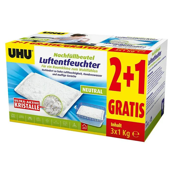 UHU Luftentfeuchter Nachfüllpack-Aktion 2 + 1 - 3 Stk. x 1.000 g - Diagonale Ansicht