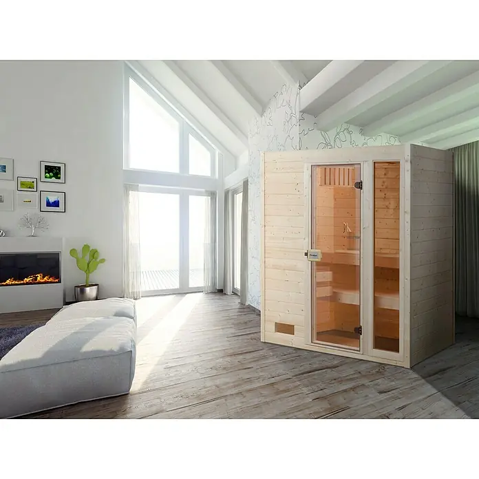 Finnwood Massivholzsauna Lasse 2 - Mit 5,4 kW Saunaofen mit integrierter Steuerung, Material Tür: Einscheibensicherheitsglas (ESG), 139 x 189 x 203 cm - Stimmungsaufnahme
