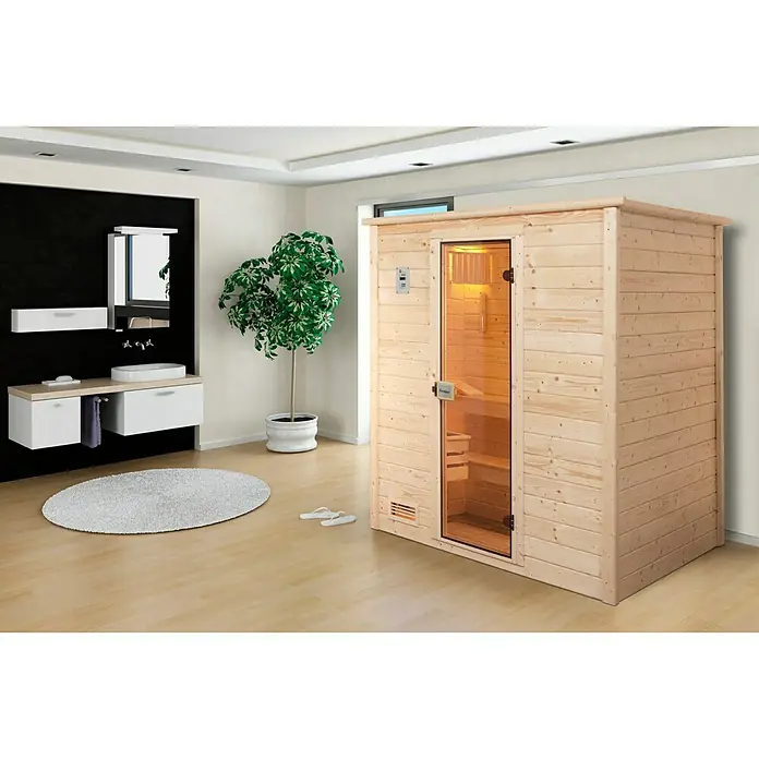 Finnwood Massivholzsauna Bjoern 1 - Mit 7,5 kW Bio-Ofen mit externer Steuerung, Material Tür: Einscheibensicherheitsglas (ESG), 148 x 198 x 203 cm - Stimmungsaufnahme