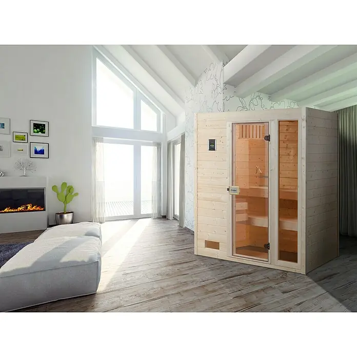 Finnwood Massivholzsauna Lasse 2 - Mit 7,5 kW Saunaofen mit externer Steuerung, Material Tür: Einscheibensicherheitsglas (ESG), 139 x 189 x 203 cm - Stimmungsaufnahme