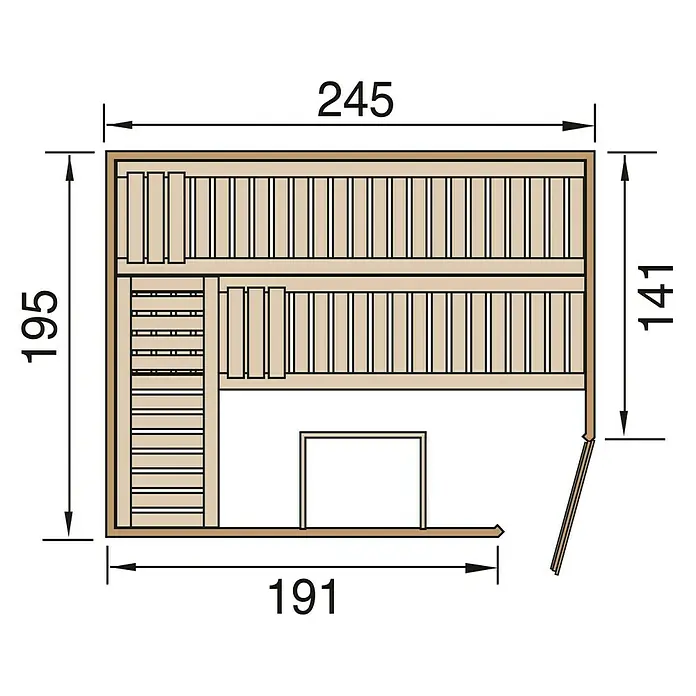 Finnwood Massivholzsauna Bjoern Trend 3 - Mit 7,5 kW Saunaofen mit externer Steuerung, Material Tür: Einscheibensicherheitsglas (ESG), 198 x 248 x 203 cm - Ansicht von oben