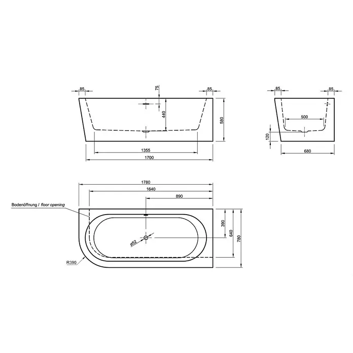 Ottofond Freistehende Badewanne Siesta Corner - Linksseitig, 178 x 78 cm, Sanitäracryl, Schwarz/Weiß