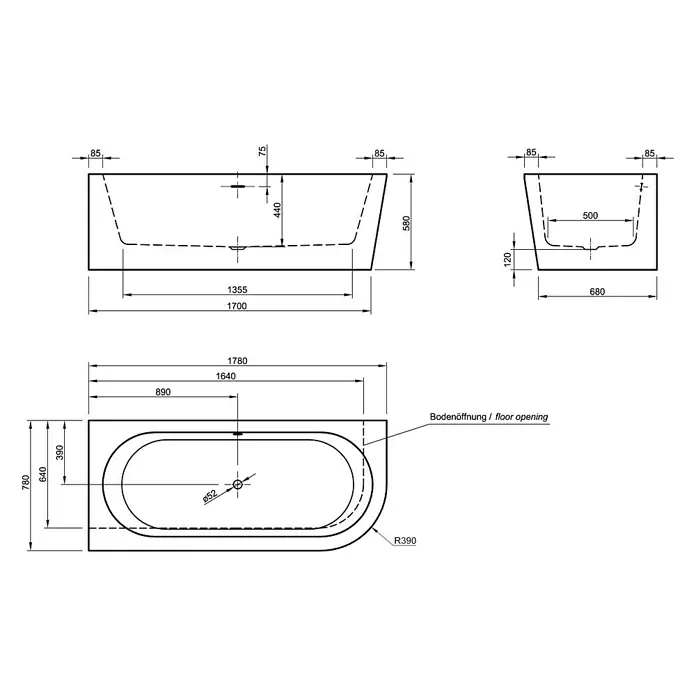 Ottofond Freistehende Badewanne Siesta Corner - Rechtsseitig, 178 x 78 cm, Sanitäracryl, Schwarz/Weiß
