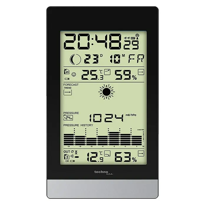Technoline Meteorološko računalo - Digitalni zaslon, Na baterijski pogon, Crne boje, 2,8 x 10,8 x 18,4 cm - Pogled sprijeda