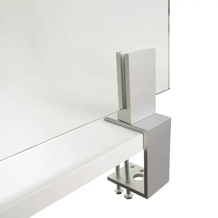 Room Plaza Klemmfuß inklusive Glashalter - 80 x 40 mm, Spannweite: 65 mm, Silber, Passend für: Room Plaza Hygieneschutzglas - Detailaufnahme