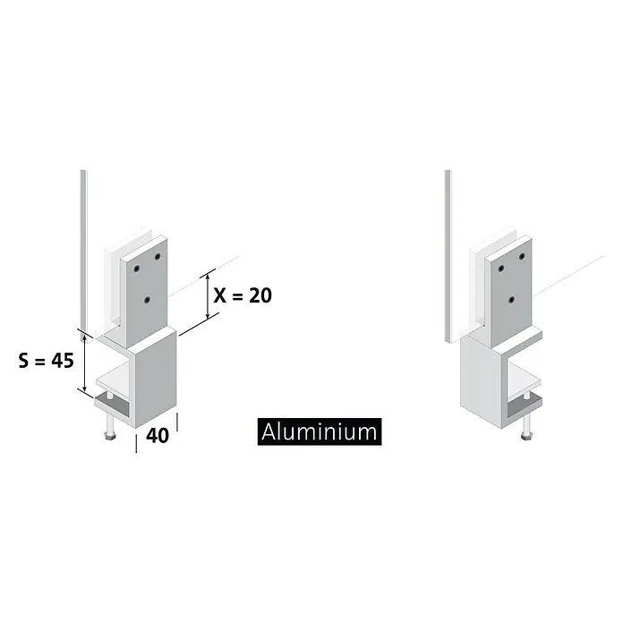 Room Plaza Klemmfuß inklusive Glashalter - 60 x 40 mm, Spannweite: 45 mm, Silber, Passend für: Room Plaza Hygieneschutzglas - Detailaufnahme