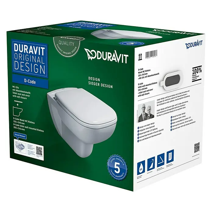 Duravit D-Code Wand-WC-Set - Spülrandlos, Ohne Spezialglasur, Spülform: Tief, WC Abgang: Waagerecht, Weiß