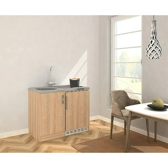 Respekta Miniküche MK100ESESCSBO - Breite: 100 cm, Mit Glaskeramikkochfeld, Eiche Sonoma sägerau