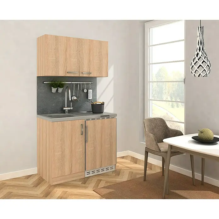 Respekta Miniküche MK100ESESOSSBO - Breite: 100 cm, Mit Duo-Kochmulde, Eiche Sonoma sägerau