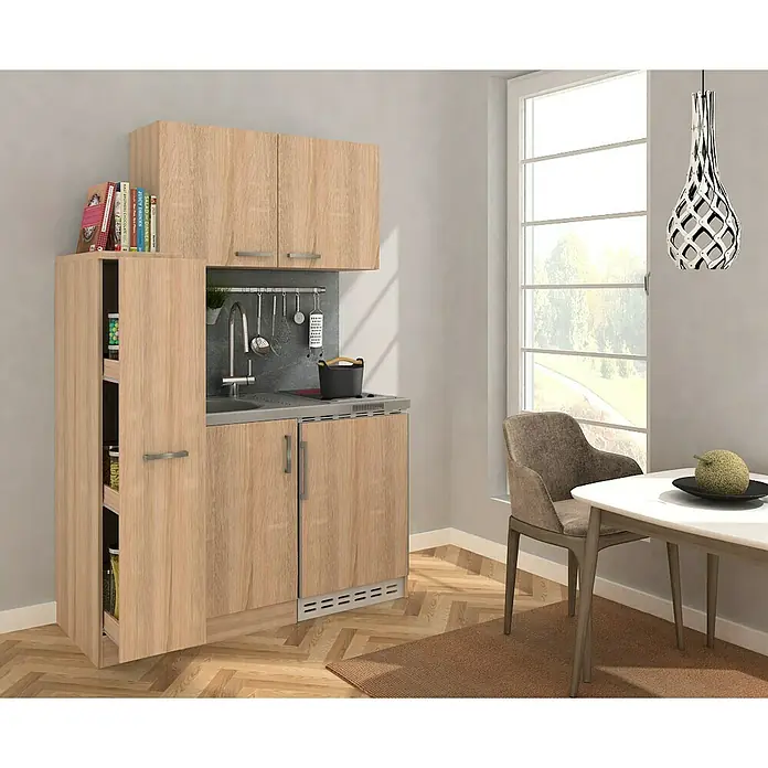 Respekta Miniküche MK130ESESOSCSBO - Breite: 130 cm, Mit Glaskeramikkochfeld, Eiche Sonoma sägerau