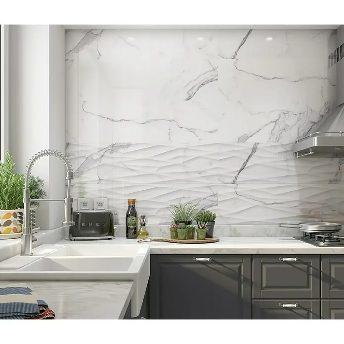 Revestimiento cerámico Palatina Decor Giga - 30 x 90 cm, Blanco Carrara, Rectificado, Brillante