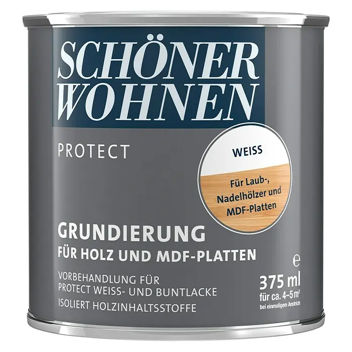 SCHÖNER WOHNEN-Farbe Protect Grundierung für Holz und MDF-Platten - Reinweiß, 375 ml, Matt - Vorderansicht