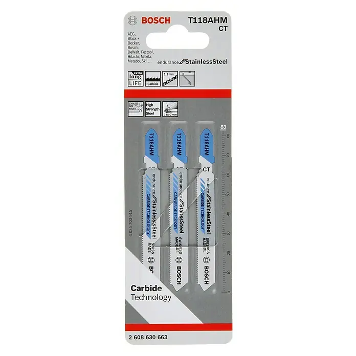 Bosch Stichsägeblatt T 118 AHM Endurance for Stainless Steel - Metall, 3 -tlg., T-Schaft - Vorderansicht