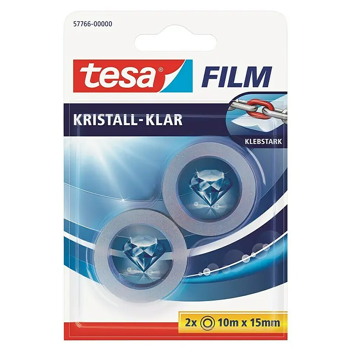 Tesa Film Klebefilm - 10 m x 15 mm, Kristallklar, 2 Stk. - Vorderansicht