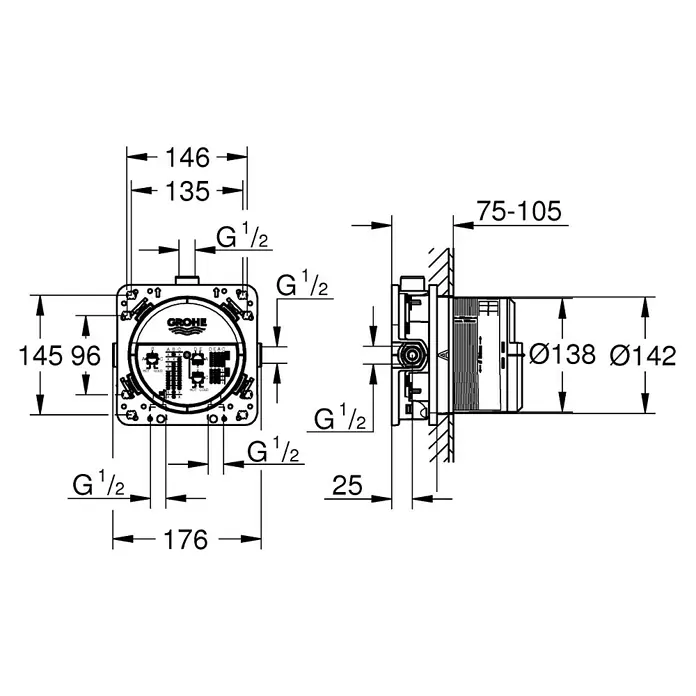 Grohe Unterputzsystem Rapido SmartBox - ½″, Einbautiefe: 75 mm - 105 mm