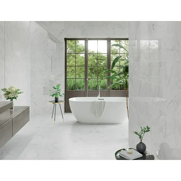 BHS Showroom Pavimento porcelánico Luxe - 60 x 60 cm, Blanco, Rectificado, Marmolado
