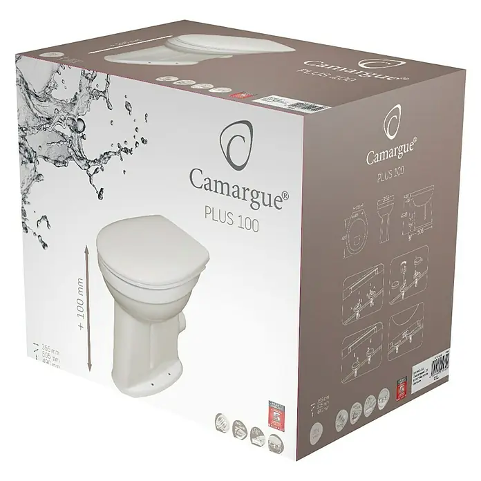 Camargue Prostostoječi WC set [SI] Plus 100 - Z izpiralnim robom, Brez posebne glazure, Oblika splakovanja: Ploščata, Položaj straniščne odprtine: Vodoravno, Bele barve