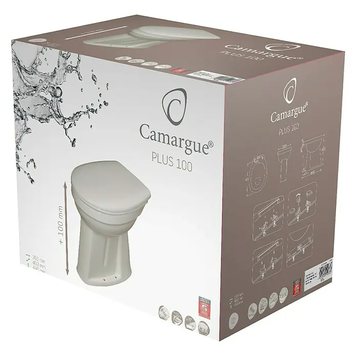 Camargue Prostostoječi WC set [SI] Plus 100 - Z izpiralnim robom, Brez posebne glazure, Oblika splakovanja: Ploščata, Položaj straniščne odprtine: Ortogonalnost, Bele barve