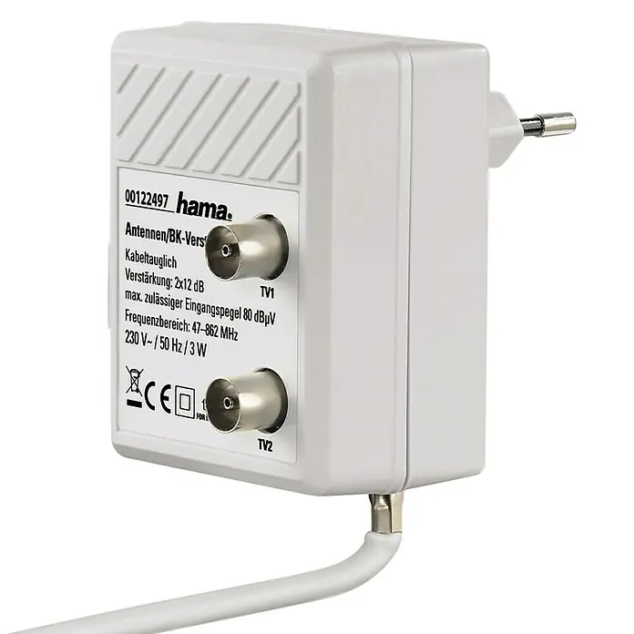 Hama Zwei-Geräteverstärker - Koax-Stecker, Koax-Kupplung, Netzteil, Frequenz: 47 - 862 MHz - Vorderansicht