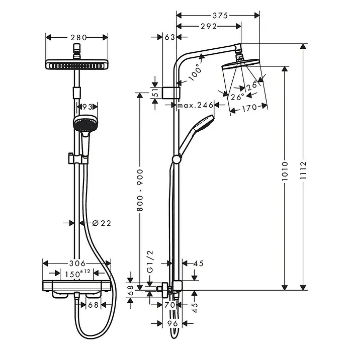 Hansgrohe Croma E Duschsystem Showerpipe 280 1jet Varia - Mit Thermostatarmatur, Lochabstand: 80 cm - 90 cm, Anzahl Strahlarten: 4 Stk., Chrom