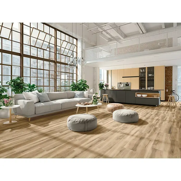 BHS Showroom Pavimento porcelánico Hollywood - 30 x 120 cm, Beige, Rectificado, Estilo madera
