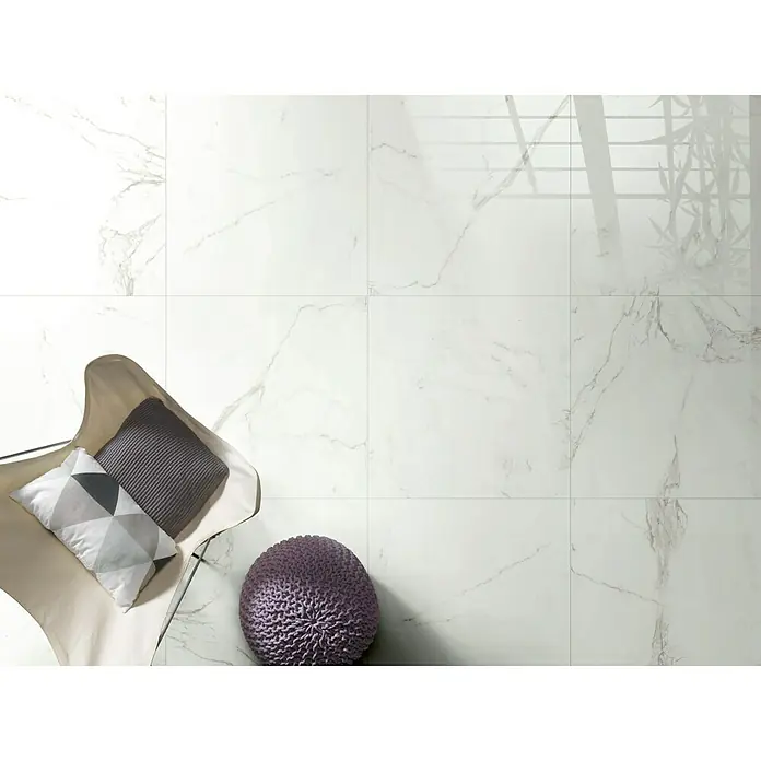 BHS Showroom Pavimento porcelánico Statuario - 80 x 80 cm, Blanco, Rectificado, Marmolado