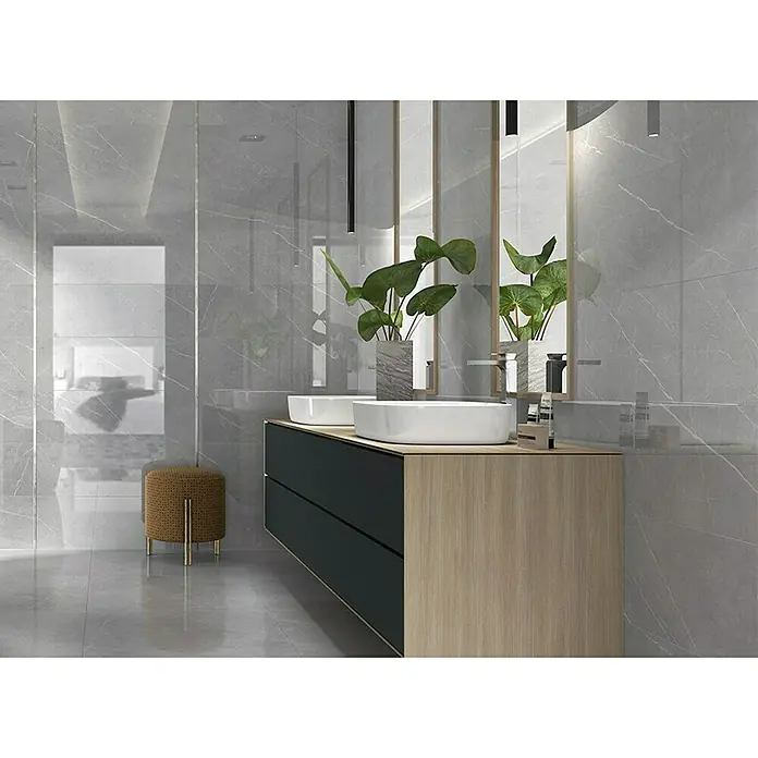 BHS Showroom Pavimento porcelánico Lione - 37 x 75 cm, Gris, Rectificado, Marmolado