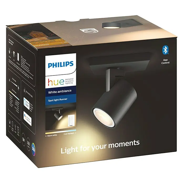 Philips Hue Led-wandspot Runner met bluetooth - 5,5 W, l x b x h: 11 x 9 x 11 cm, Zwart, Daglicht wit - Vooraanzicht