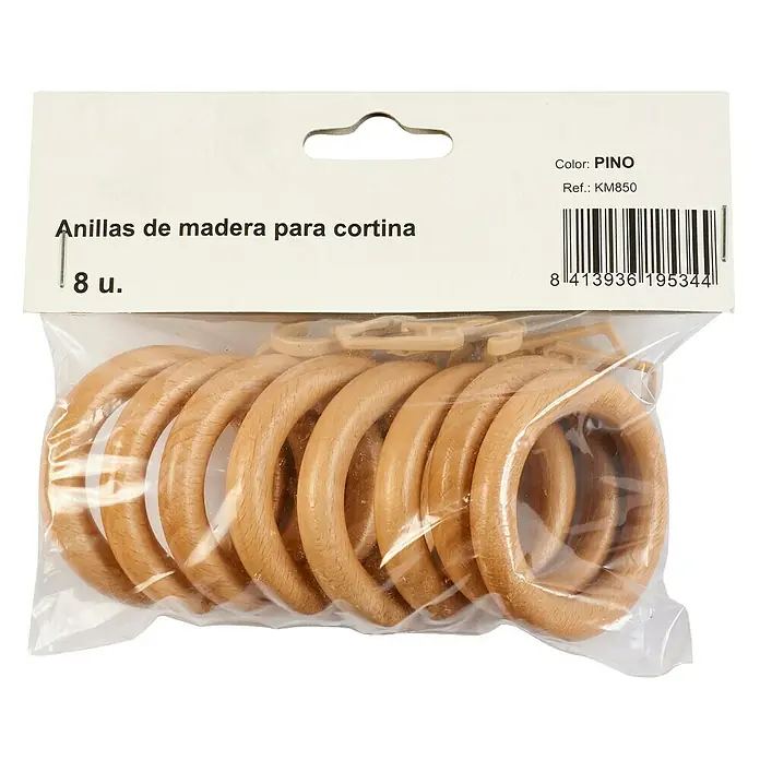 Anilla para cortinas - 8 ud., 28 mm, Pino, Redonda