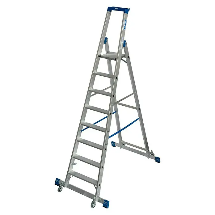Krause Stabilo Stufenstehleiter Fahrbar mit Traverse - Arbeitshöhe: 3,9 m, Anzahl Tritte: 8 Stufen, Aluminium - Linke Seitenansicht