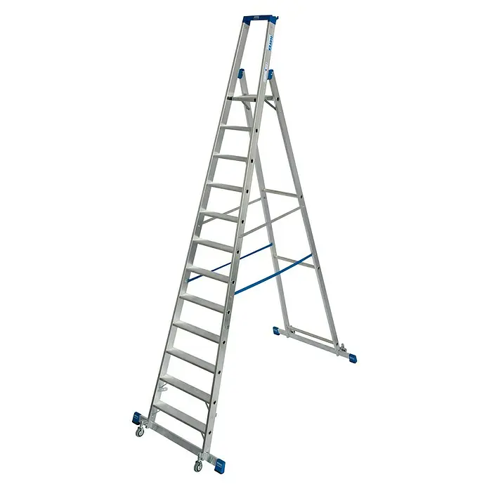 Krause Stabilo Stufenstehleiter Fahrbar mit Traverse - Arbeitshöhe: 4,8 m, Anzahl Tritte: 12 Stufen, Aluminium - Linke Seitenansicht