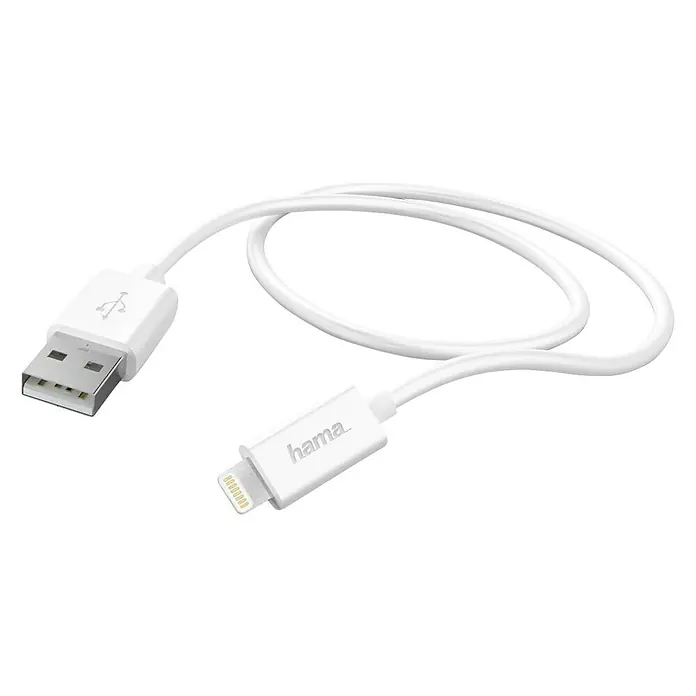 Hama USB kabel za punjenje - Bijele boje, 1 m, USB A utikač, utikač Lightning - Pogled sprijeda