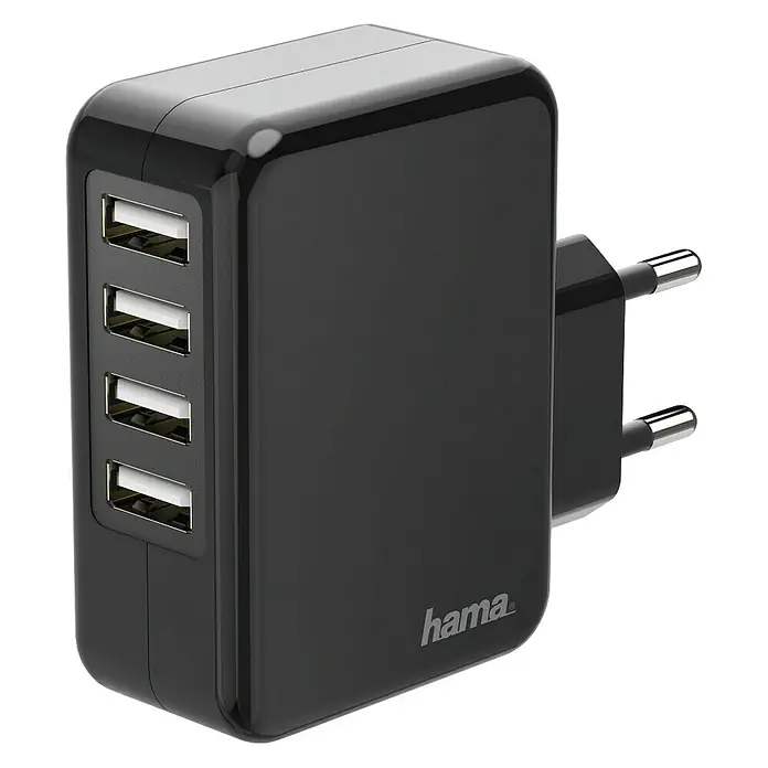 Hama USB-Ladegerät - 4-fach, Schwarz/Silber, 1 x Eurostecker (Typ C) - Vorderansicht