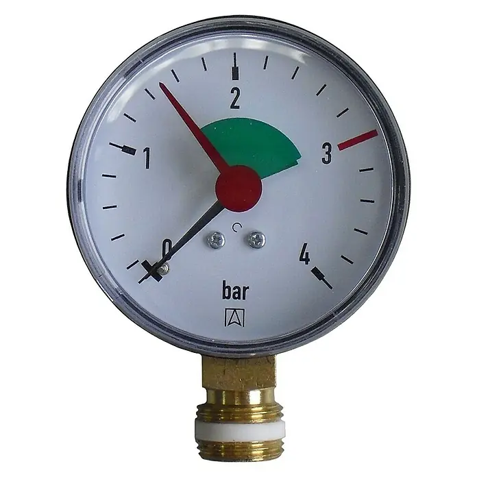 Heizungsmanometer - Anschlüsse: Unten, ⅜″, Betriebsdruck: 0 bar - 4 bar - Vorderansicht