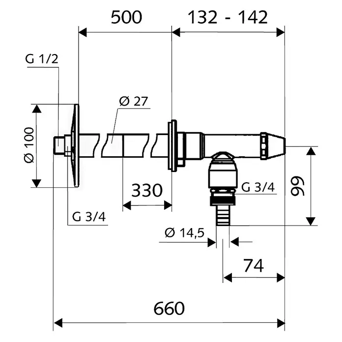 Schell Außenwandventil Polar II Set - ¾″ x ½″, Rückflussverhinderer - Skizze